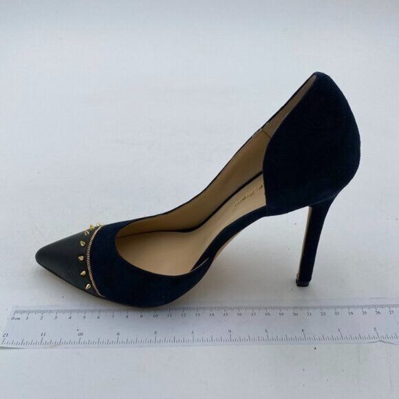 Women Faux Suede Stiletto High Heels Pumps D'Orsay Pointy Toe Rivets Studded - Picture 1 of 7